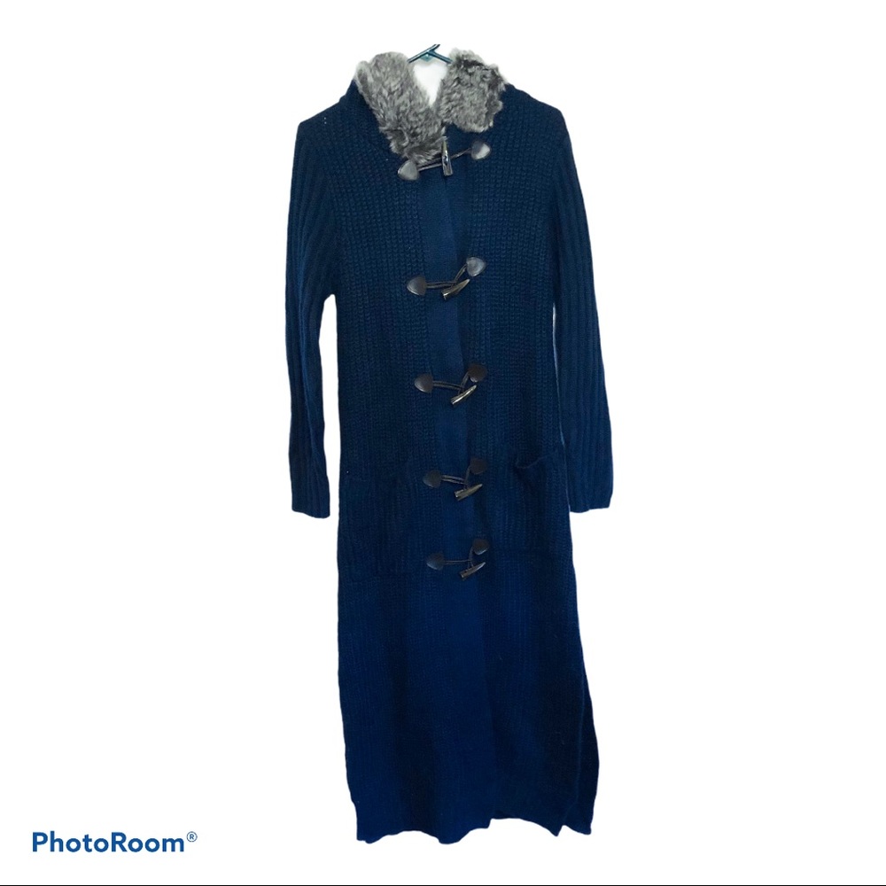 Navy blue sweater duster with faux fur hood